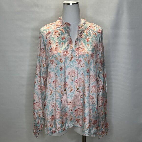 Roller Rabbit Blouse Womens Large Floral V Neck Top Pink Blue Spring Boho Chic - Picture 1 of 11